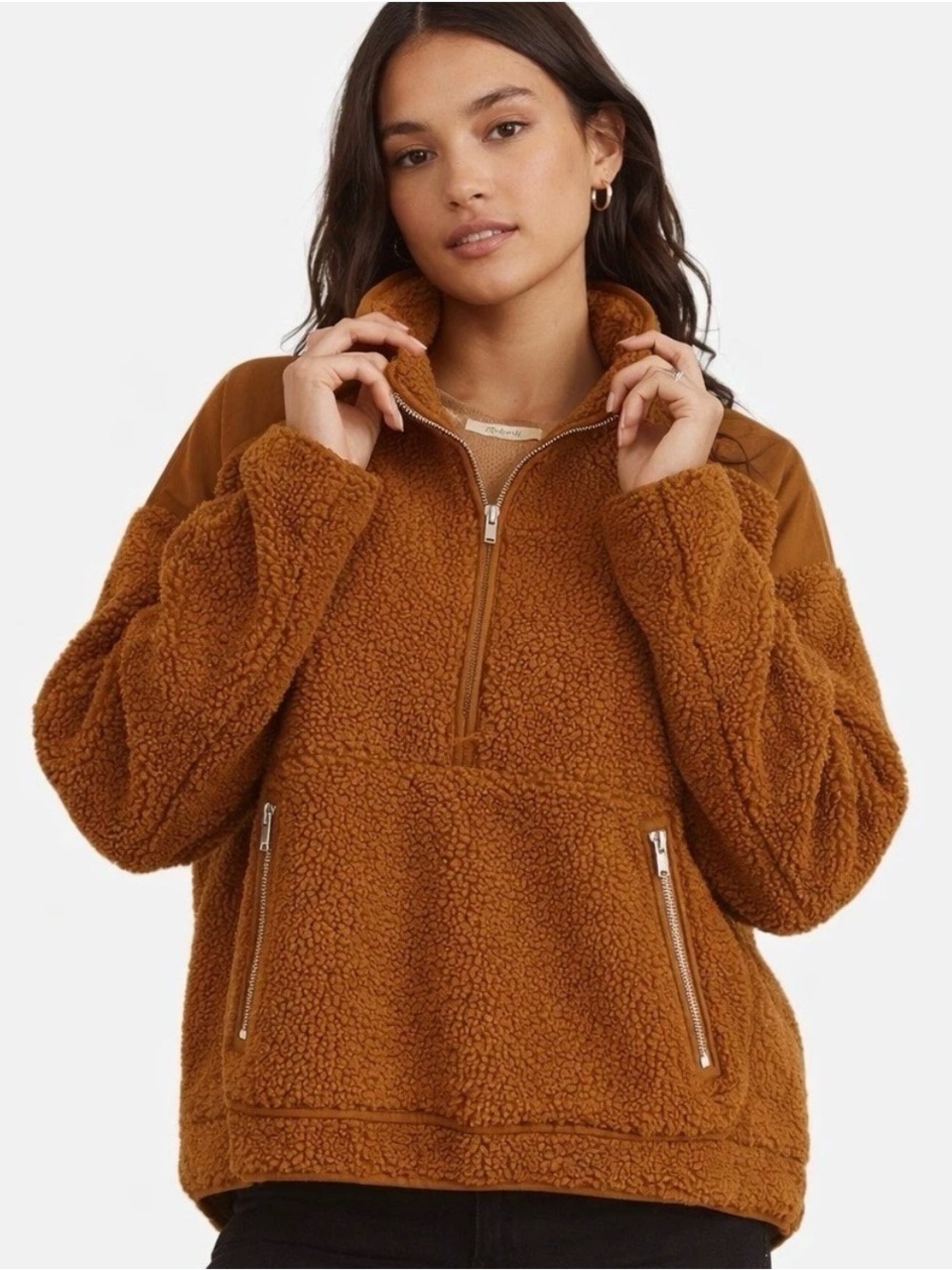 Madewell Faux Shearling Half-Zip Pullover Dried Cedar Size S $148 MSRP